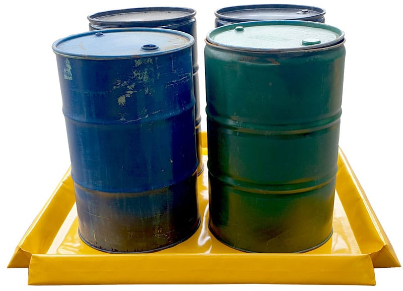 Chatoyer yellow PVC Spill Bund sized 1.2m x 1.2m internal dimensions shown storing 4 blue drums