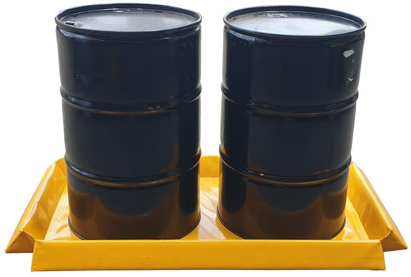 Chatoyer yellow PVC Spill Bund sized 1.2m x 0.6m internal dimensions shown storing 2 blue drums