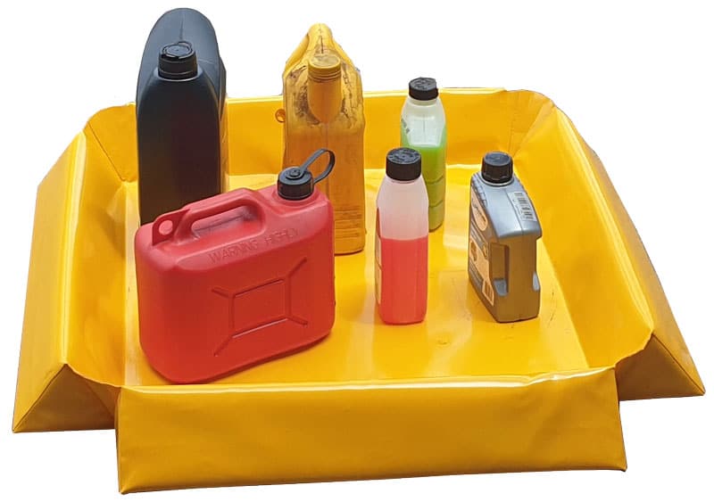 Chatoyer yellow PVC Spill Bund sized 0.6m x 0.6m internal dimensions shown storing a variety of small containers of chemicals