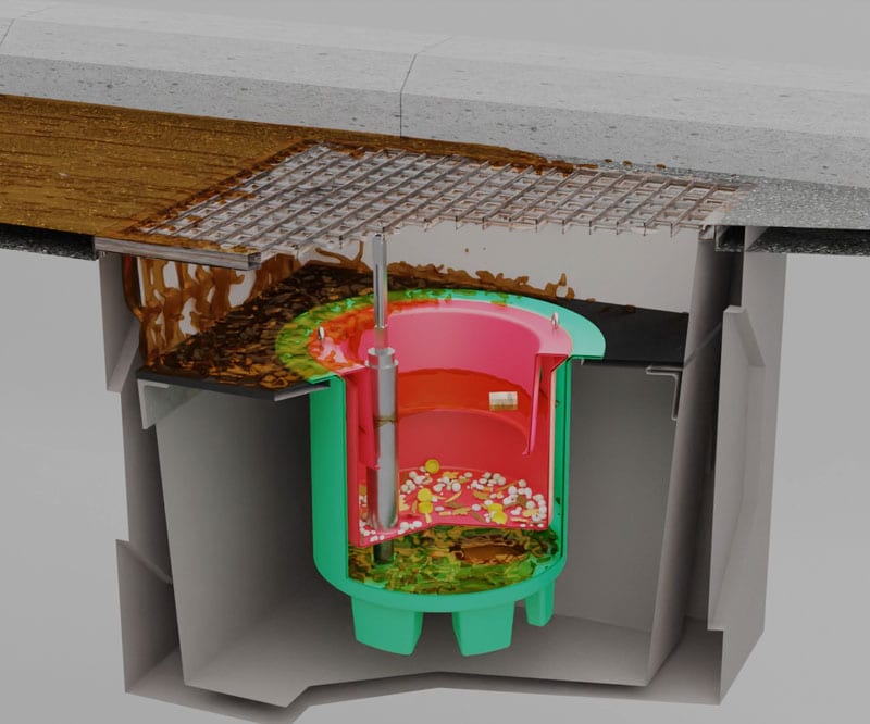 Render of DrainSAFE™ unit closed with debris trapped in diffuser and spill running into the drain pit. The spill is being stopped and retained by DrainSAFE stormwater isolation unit. Render of DrainSAFE™ unit closed with debris trapped in diffuser and spill running into the drain pit. The spill is being stopped and retained by DrainSAFE stormwater isolation unit.